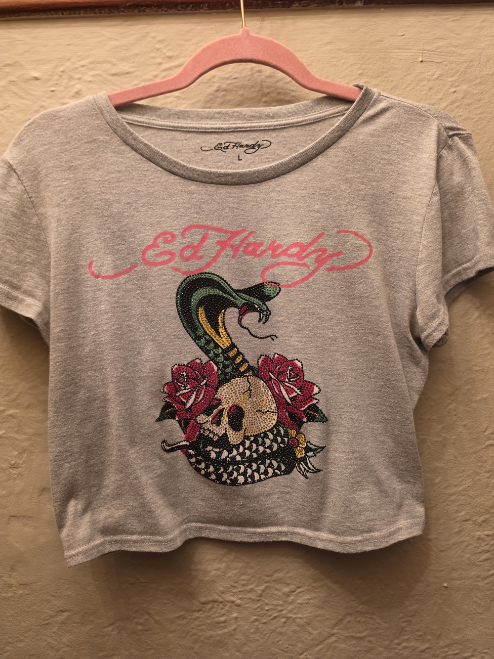 Ed Hardy Double Sided Rhinestone Skull Snake Roses Crop Baby Tee Y2K L